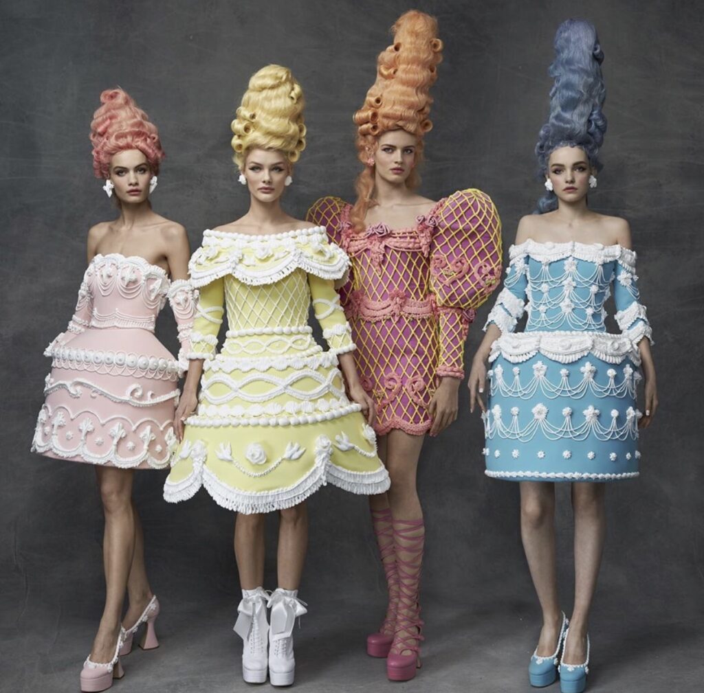 Contemporary ladies with cake-shaped dresses